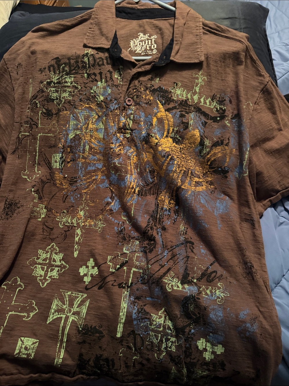 Point Zero Brown Polo with Gold & Blue Graphic Accents